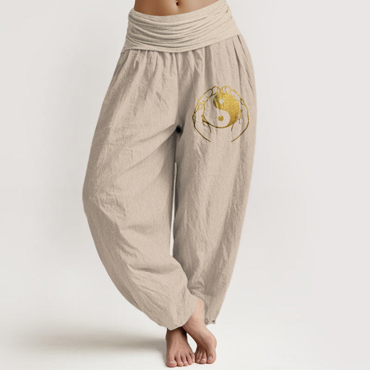 Pantalones harén de algodón con cintura elástica para mujer con diseño de mano Yin Yang y Buddha Stones - Broncearse - US22，UK/AU26，EU54 (6XL) - image 11