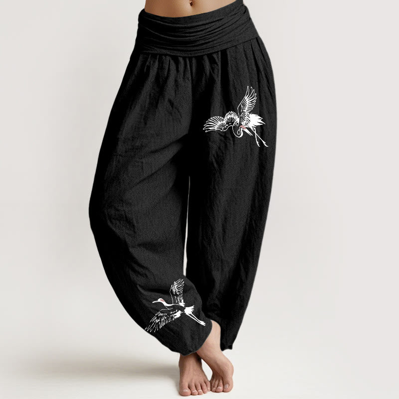 Pantalones harén de algodón con cintura elástica para mujer, con estampado de grullas de corona roja y Buddha Stones - Negro - US22，UK/AU26，EU54 (6XL) - image 0