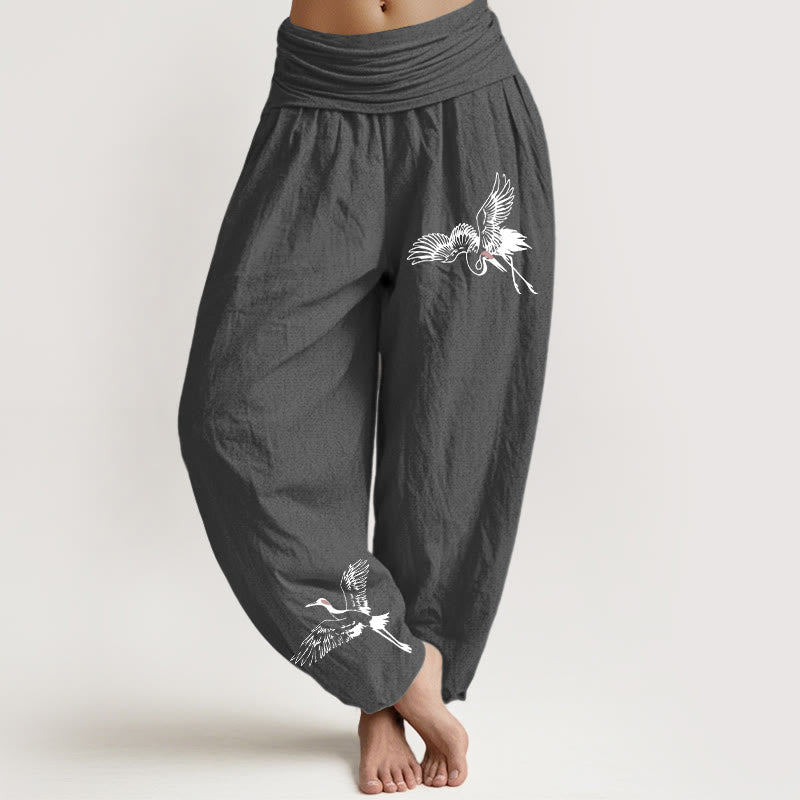 Pantalones harén de algodón con cintura elástica para mujer, con estampado de grullas de corona roja y Buddha Stones - Gris oscuro - US22，UK/AU26，EU54 (6XL) - image 8