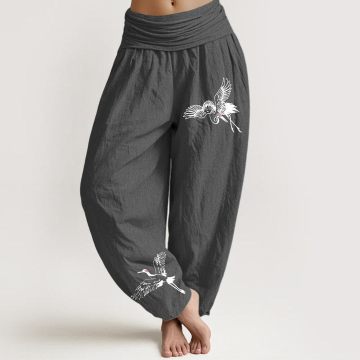 Pantalones harén de algodón con cintura elástica para mujer, con estampado de grullas de corona roja y Buddha Stones - Gris oscuro - US22，UK/AU26，EU54 (6XL) - image 8