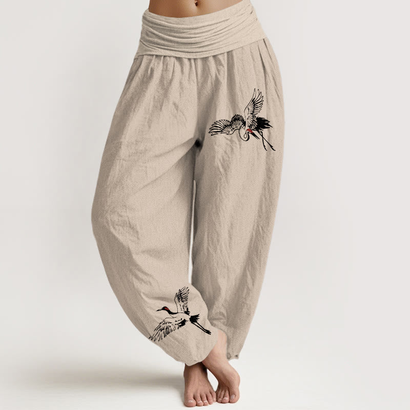 Pantalones harén de algodón con cintura elástica para mujer, con estampado de grullas de corona roja y Buddha Stones - Broncearse - US22，UK/AU26，EU54 (6XL) - image 11