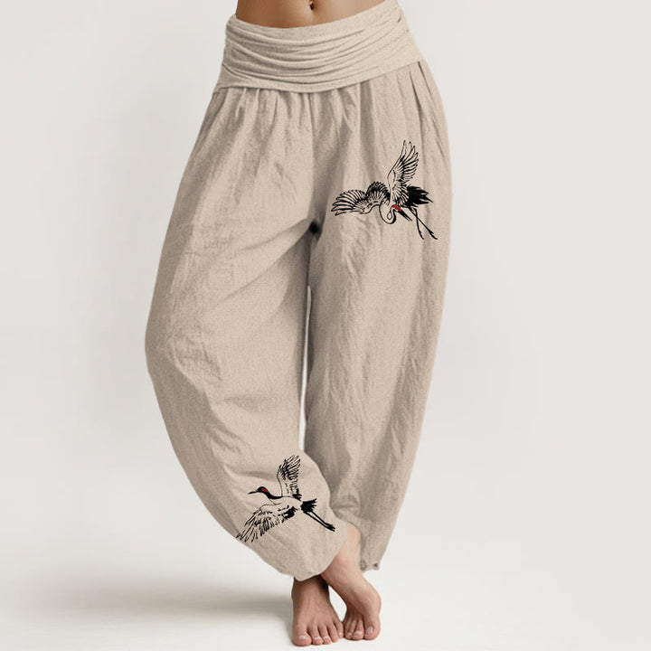 Pantalones harén de algodón con cintura elástica para mujer, con estampado de grullas de corona roja y Buddha Stones - Broncearse - US22，UK/AU26，EU54 (6XL) - image 11