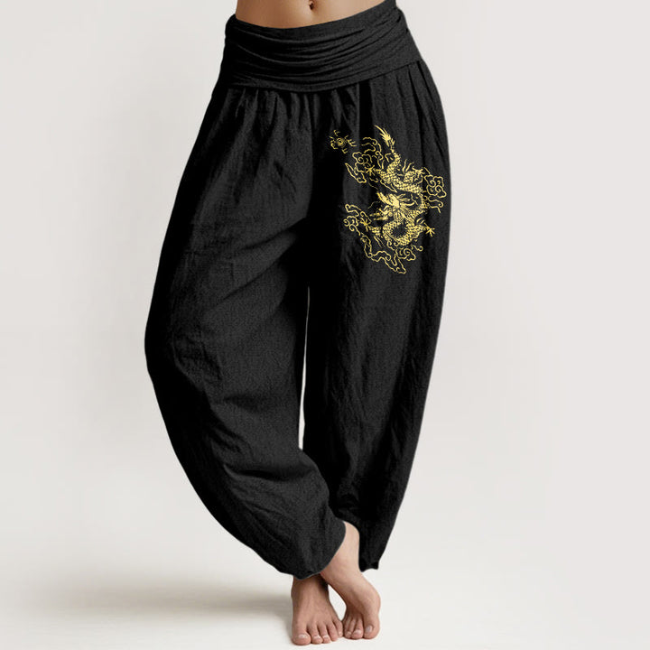 Pantalones harén de algodón con cintura elástica para mujer con estampado de dragón dorado y Buddha Stones - Negro - US22，UK/AU26，EU54 (6XL) - image 0