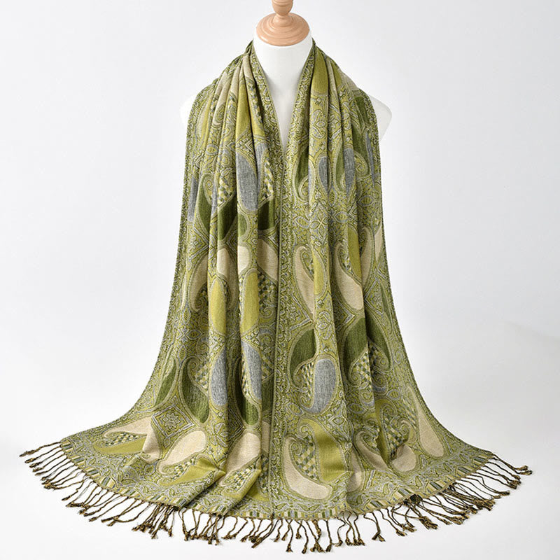 Bufanda chal acogedora con borlas y diseño geométrico de flores de anacardo otoñal con Buddha Stones - AmarilloVerde - 175*70 cm - image 0