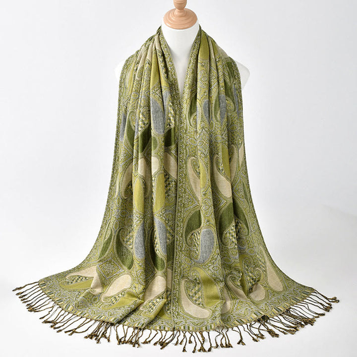 Bufanda chal acogedora con borlas y diseño geométrico de flores de anacardo otoñal con Buddha Stones - AmarilloVerde - 175*70 cm - image 0