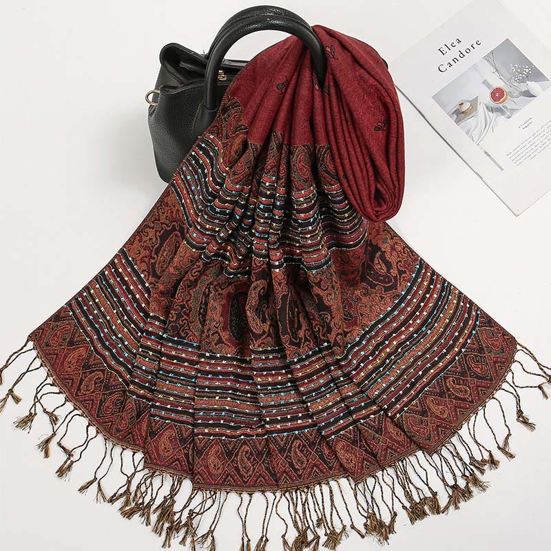 Bufanda chal suave con borlas y diseño geométrico de rayas y flores de anacardo de primavera con Buddha Stones - image 1