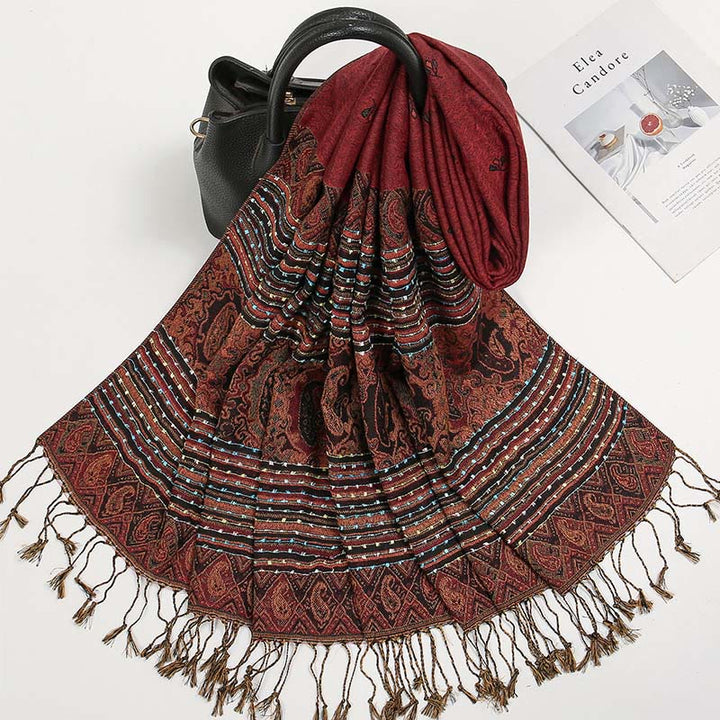Bufanda chal suave con borlas y diseño geométrico de rayas y flores de anacardo de primavera con Buddha Stones - image 1