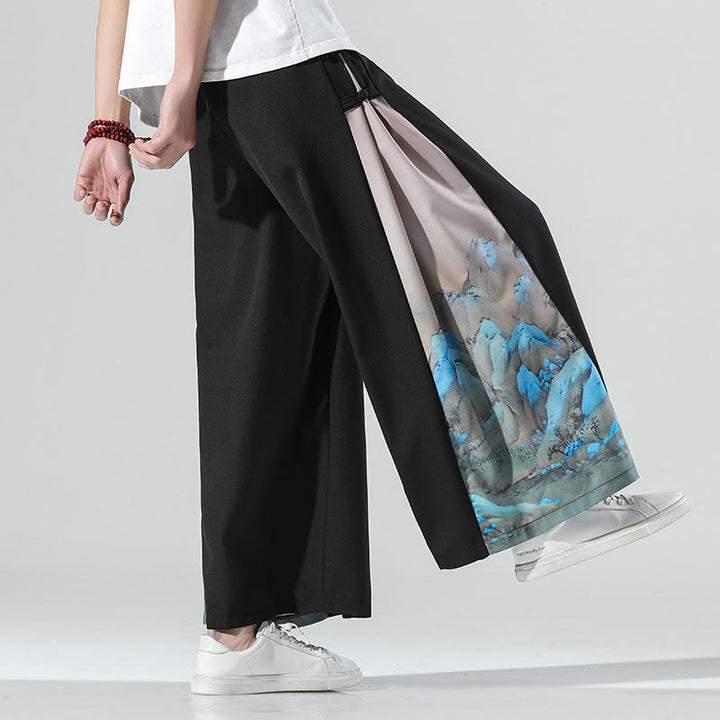 Buddha Stones Pantalones anchos para hombre con bolsillos y estampado de montañas y ríos - image 5