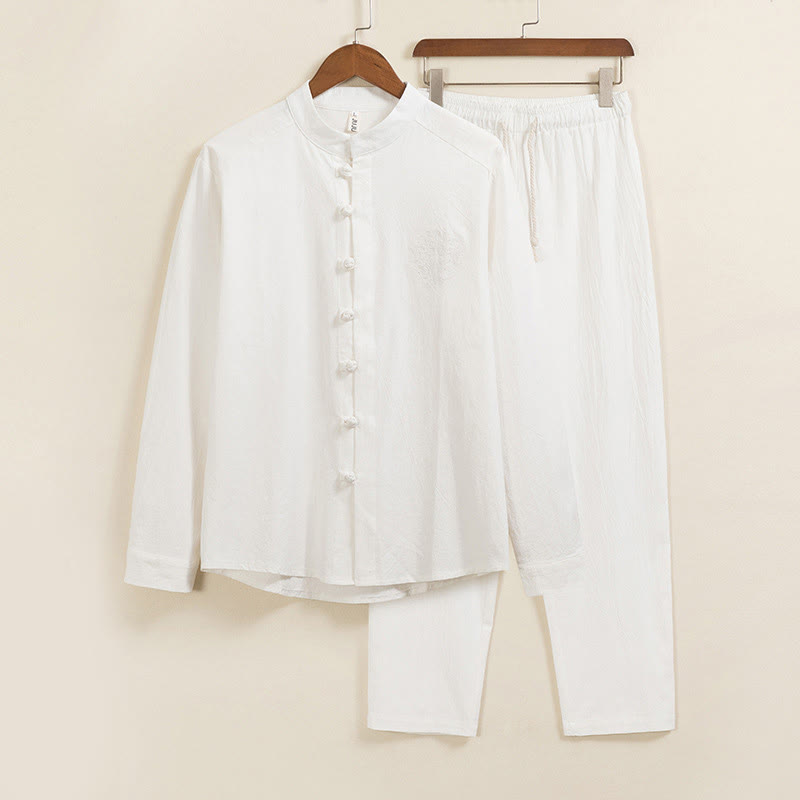 Conjunto de 2 piezas de camisa y pantalón de algodón de manga larga con botones de rana y bolsillos para hombre de Buddha Stones - Blanco - US/UK/AU46, EU56 (5XL) - image 1