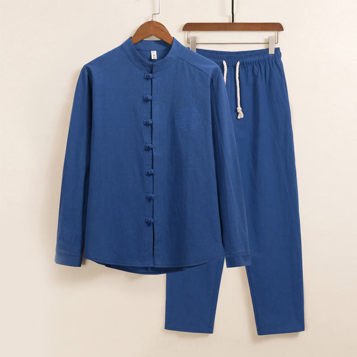 Conjunto de 2 piezas de camisa y pantalón de algodón de manga larga con botones de rana y bolsillos para hombre de Buddha Stones - Azul real - US/UK/AU46, EU56 (5XL) - image 14