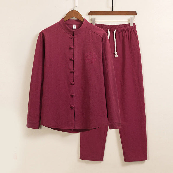 Conjunto de 2 piezas de camisa y pantalón de algodón de manga larga con botones de rana y bolsillos para hombre de Buddha Stones - Ladrillo refractario - US/UK/AU46, EU56 (5XL) - image 2
