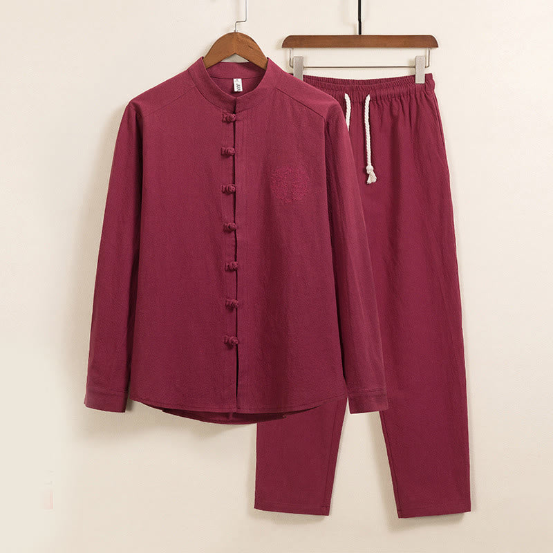 Conjunto de 2 piezas de camisa y pantalón de algodón de manga larga con botones de rana y bolsillos para hombre de Buddha Stones - Ladrillo refractario - US/UK/AU46, EU56 (5XL) - image 2