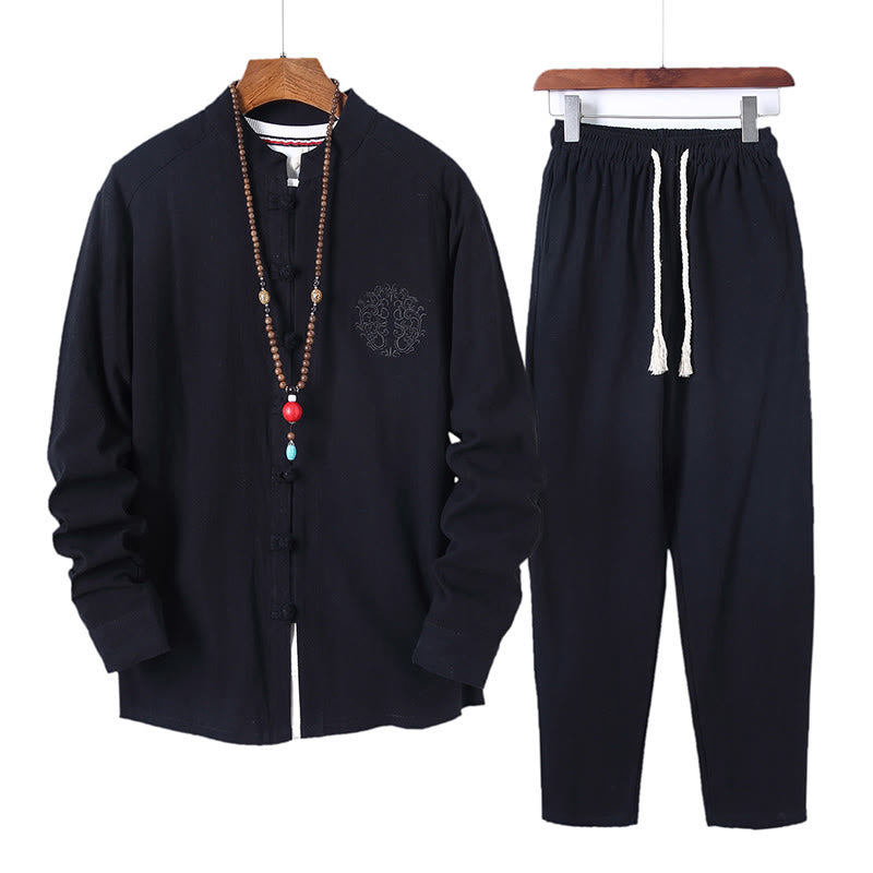 Conjunto de 2 piezas de camisa y pantalón de algodón de manga larga con botones de rana y bolsillos para hombre de Buddha Stones - Negro - US/UK/AU46, EU56 (5XL) - image 0