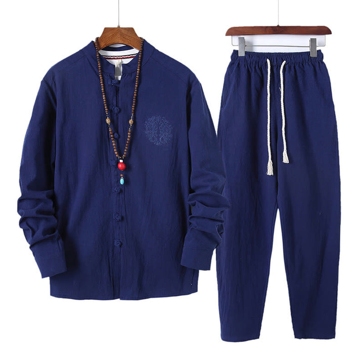 Conjunto de 2 piezas de camisa y pantalón de algodón de manga larga con botones de rana y bolsillos para hombre de Buddha Stones - Azul real - US/UK/AU46, EU56 (5XL) - image 19
