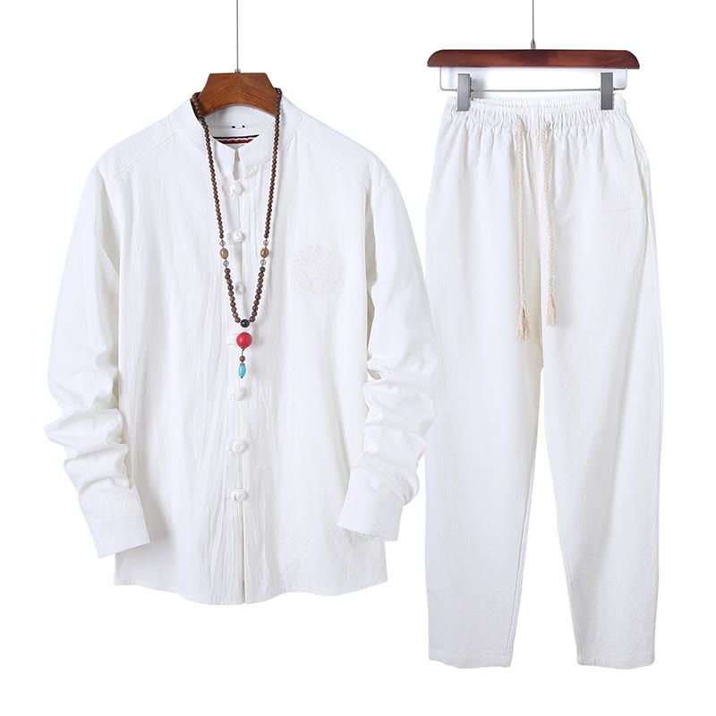 Conjunto de 2 piezas de camisa y pantalón de algodón de manga larga con botones de rana y bolsillos para hombre de Buddha Stones - Blanco - US/UK/AU46, EU56 (5XL) - image 9