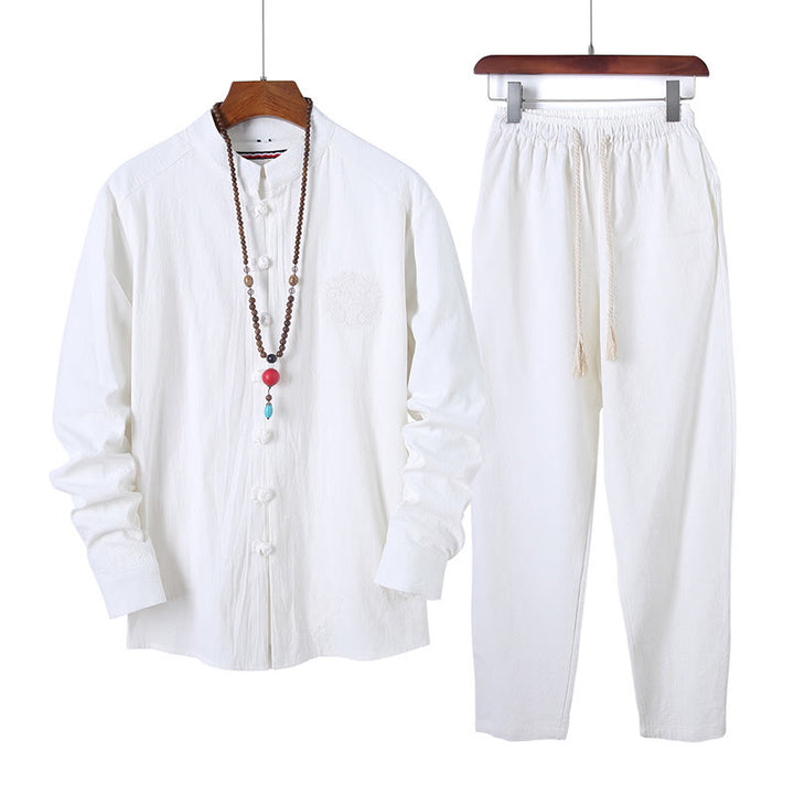 Conjunto de 2 piezas de camisa y pantalón de algodón de manga larga con botones de rana y bolsillos para hombre de Buddha Stones - Blanco - US/UK/AU46, EU56 (5XL) - image 9