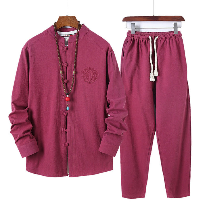 Conjunto de 2 piezas de camisa y pantalón de algodón de manga larga con botones de rana y bolsillos para hombre de Buddha Stones - Ladrillo refractario - US/UK/AU46, EU56 (5XL) - image 29