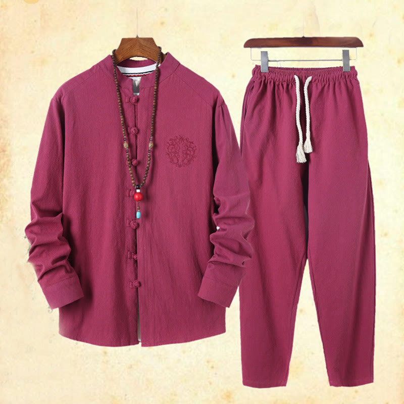 Conjunto de 2 piezas de camisa y pantalón de algodón de manga larga con botones de rana y bolsillos para hombre de Buddha Stones - image 43