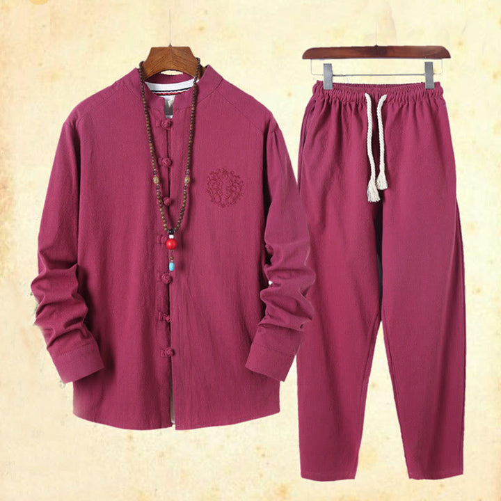 Conjunto de 2 piezas de camisa y pantalón de algodón de manga larga con botones de rana y bolsillos para hombre de Buddha Stones - image 43