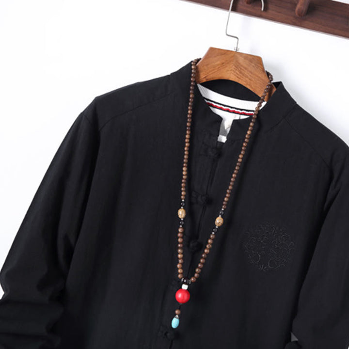Conjunto de 2 piezas de camisa y pantalón de algodón de manga larga con botones de rana y bolsillos para hombre de Buddha Stones - image 3