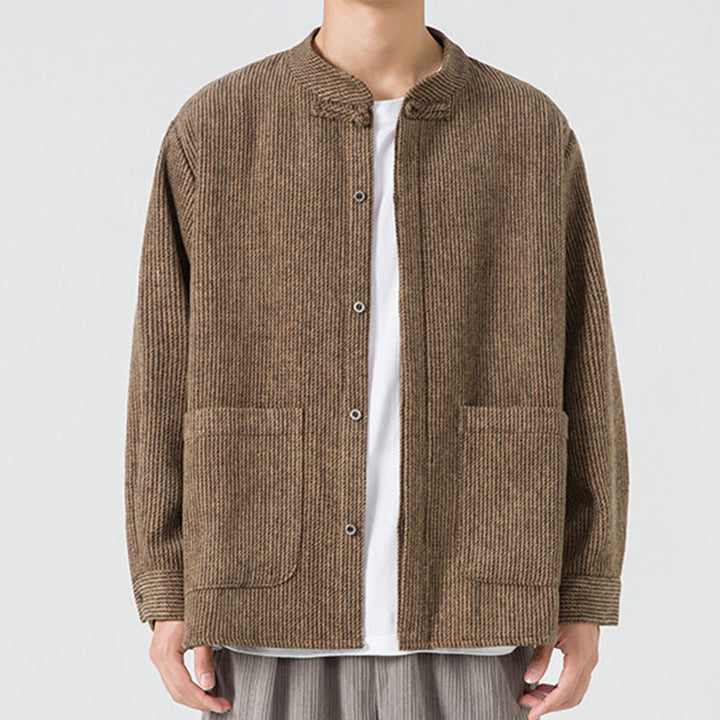 Chaqueta de pana de algodón de manga larga para hombre con botones de rana, color liso y bolsillos, de Buddha Stones - Broncearse - US/UK/AU48，EU58(5XL) - image 0