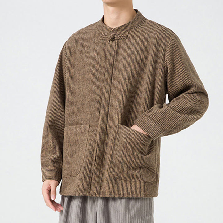 Chaqueta de pana de algodón de manga larga para hombre con botones de rana, color liso y bolsillos, de Buddha Stones - image 6