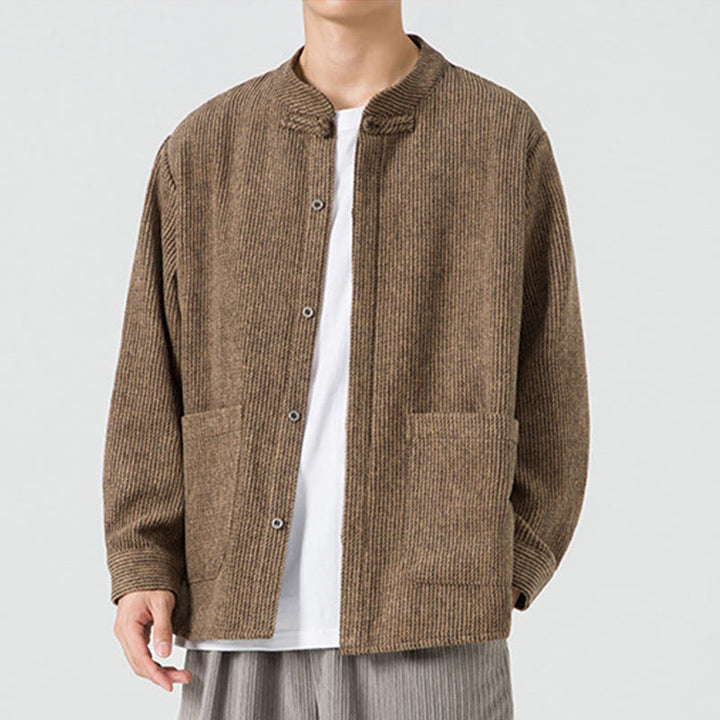 Chaqueta de pana de algodón de manga larga para hombre con botones de rana, color liso y bolsillos, de Buddha Stones - image 3