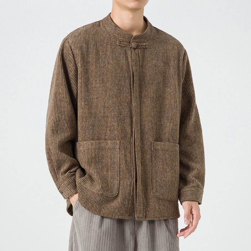 Chaqueta de pana de algodón de manga larga para hombre con botones de rana, color liso y bolsillos, de Buddha Stones - image 2