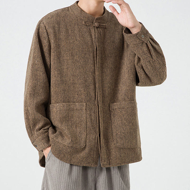 Chaqueta de pana de algodón de manga larga para hombre con botones de rana, color liso y bolsillos, de Buddha Stones - image 7