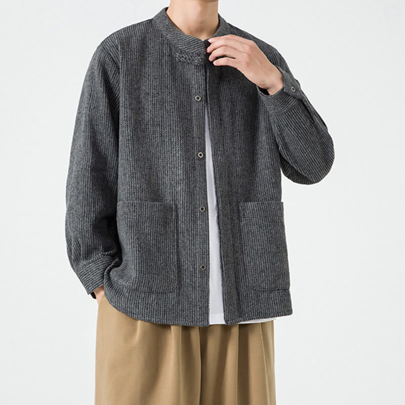 Chaqueta de pana de algodón de manga larga para hombre con botones de rana, color liso y bolsillos, de Buddha Stones - image 18