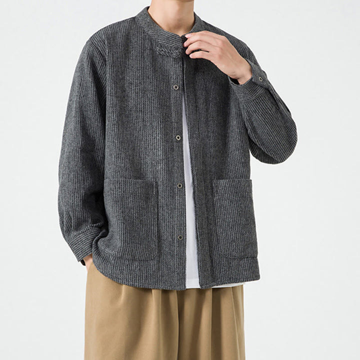 Chaqueta de pana de algodón de manga larga para hombre con botones de rana, color liso y bolsillos, de Buddha Stones - image 18