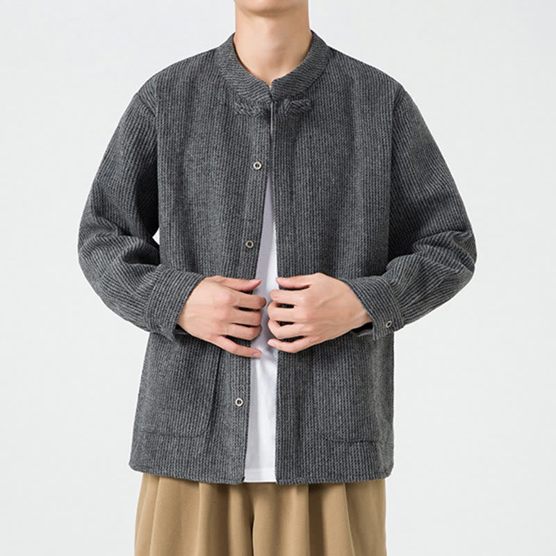 Chaqueta de pana de algodón de manga larga para hombre con botones de rana, color liso y bolsillos, de Buddha Stones - image 12