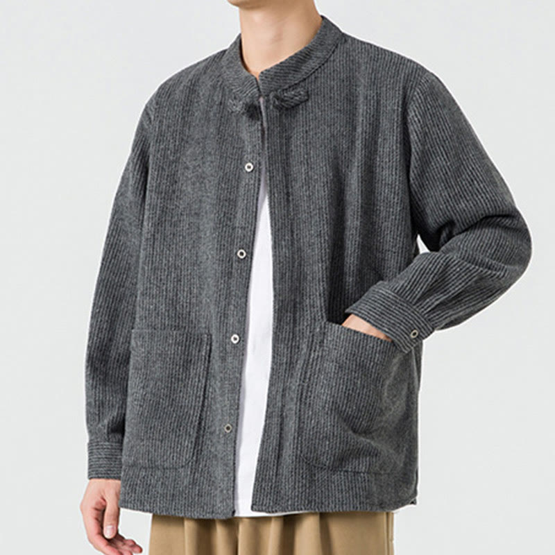 Chaqueta de pana de algodón de manga larga para hombre con botones de rana, color liso y bolsillos, de Buddha Stones - image 11
