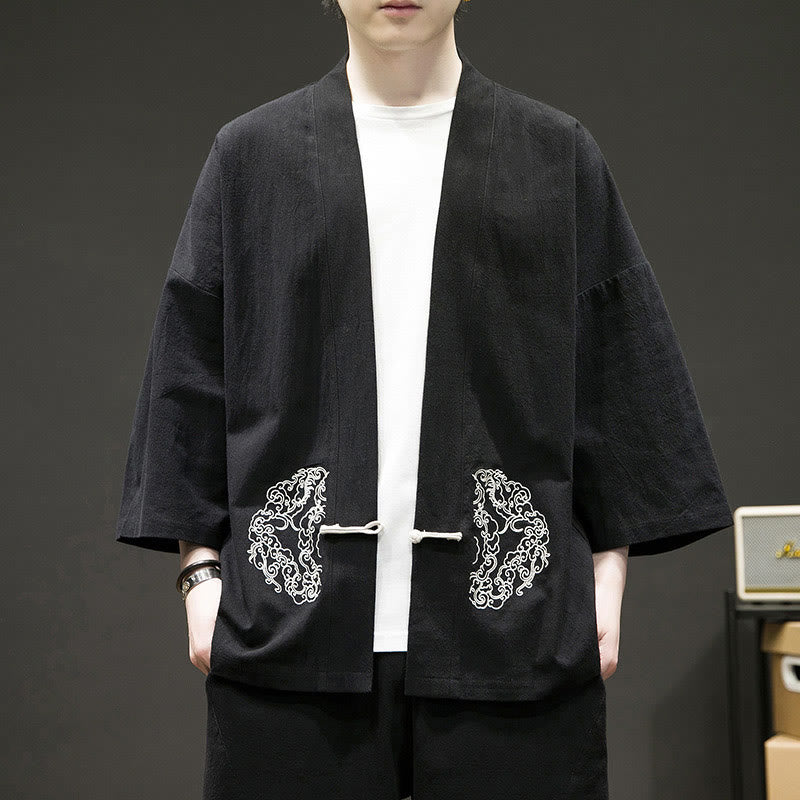 Chaqueta tipo kimono de algodón para hombre, de manga larga, con diseño de Buddha Stones y nubes auspiciosas. - Negro - US/UK/AU46, EU56 (5XL) - image 7