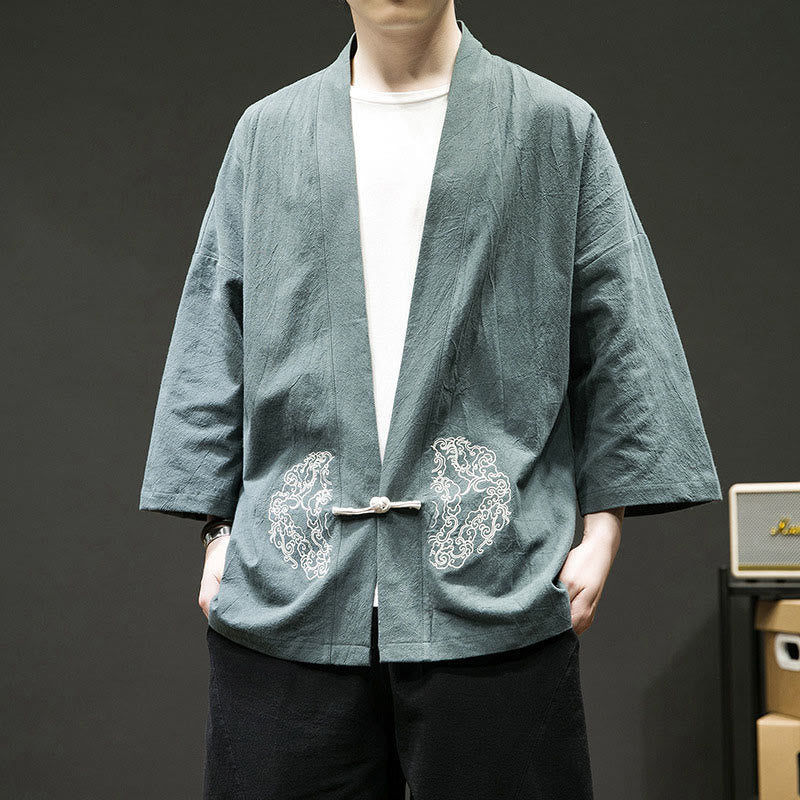 Chaqueta tipo kimono de algodón para hombre, de manga larga, con diseño de Buddha Stones y nubes auspiciosas. - Cadete Azul - US/UK/AU46, EU56 (5XL) - image 0
