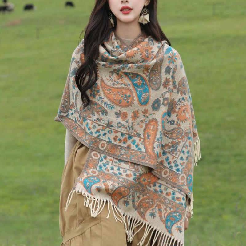 Bufanda chal suave con borlas y diseño étnico de flores de cachemira bordadas con Buddha Stones - image 10