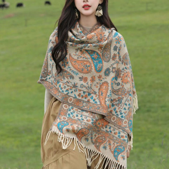 Bufanda chal suave con borlas y diseño étnico de flores de cachemira bordadas con Buddha Stones - image 10