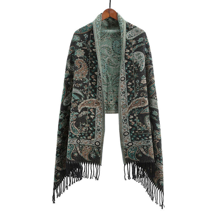 Bufanda chal suave con borlas y diseño étnico de flores de cachemira bordadas con Buddha Stones - Verde mar medio - image 16