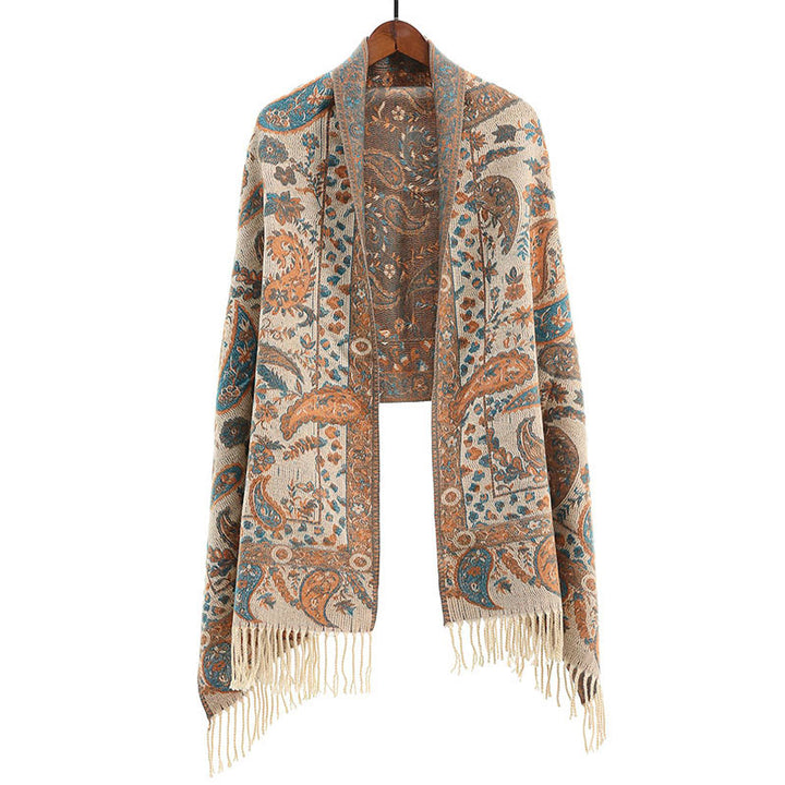 Bufanda chal suave con borlas y diseño étnico de flores de cachemira bordadas con Buddha Stones - PapayaWhip - image 8