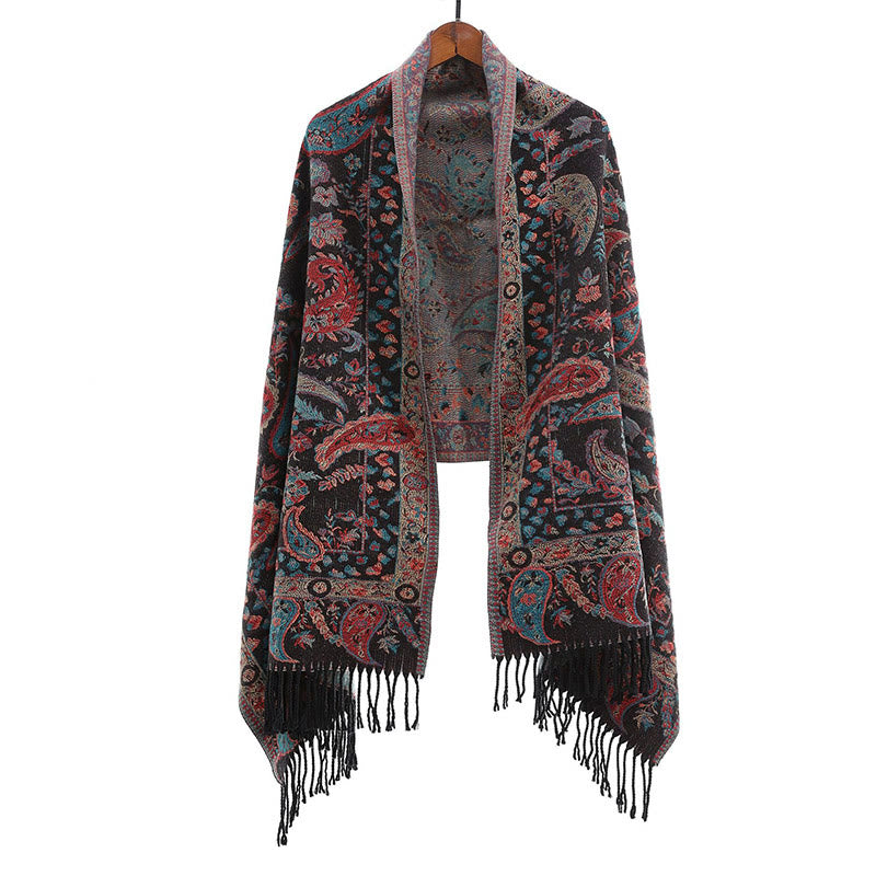 Bufanda chal suave con borlas y diseño étnico de flores de cachemira bordadas con Buddha Stones - image 1