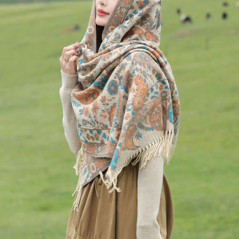 Bufanda chal suave con borlas y diseño étnico de flores de cachemira bordadas con Buddha Stones - image 13