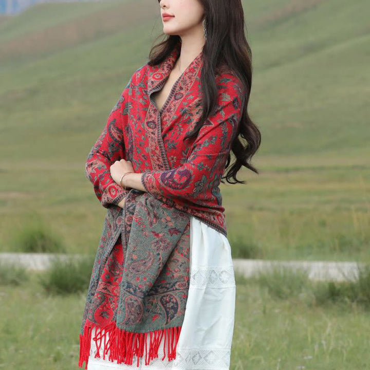 Bufanda chal suave con borlas y diseño étnico de flores de cachemira bordadas con Buddha Stones - image 22