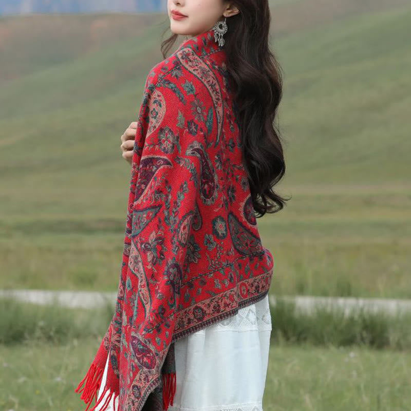 Bufanda chal suave con borlas y diseño étnico de flores de cachemira bordadas con Buddha Stones - image 23