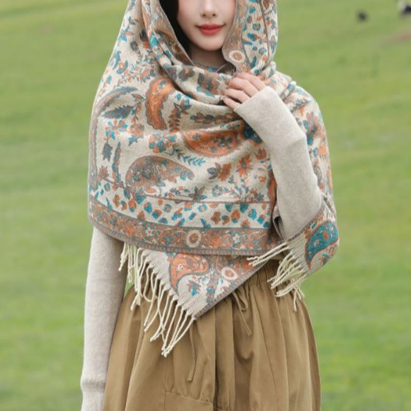 Bufanda chal suave con borlas y diseño étnico de flores de cachemira bordadas con Buddha Stones - image 12