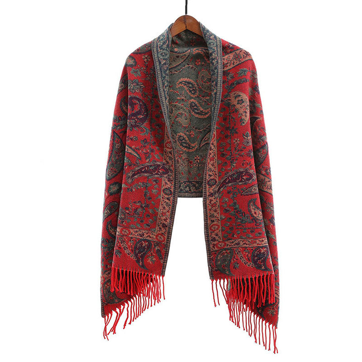 Bufanda chal suave con borlas y diseño étnico de flores de cachemira bordadas con Buddha Stones - Rojo - image 17