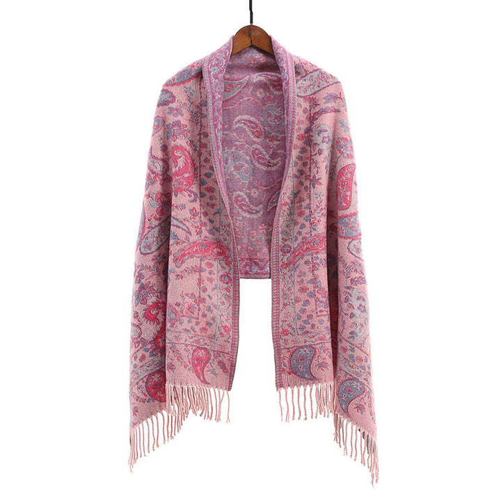 Bufanda chal suave con borlas y diseño étnico de flores de cachemira bordadas con Buddha Stones - Rosa - image 4