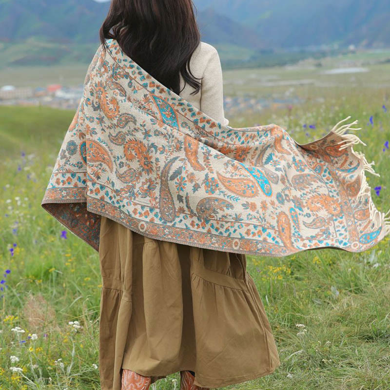 Bufanda chal suave con borlas y diseño étnico de flores de cachemira bordadas con Buddha Stones - image 9