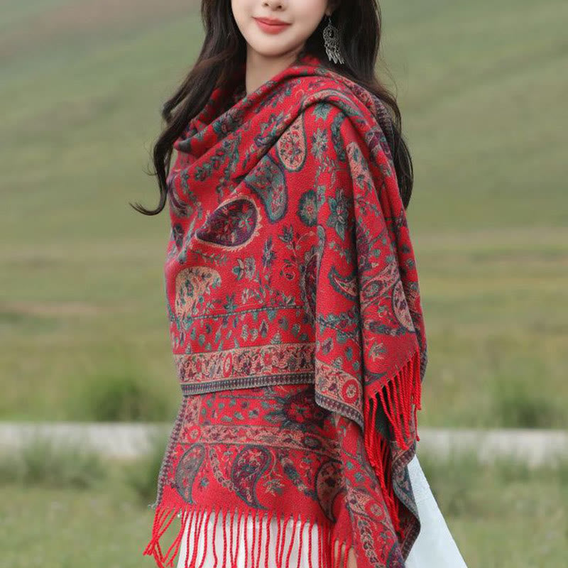 Bufanda chal suave con borlas y diseño étnico de flores de cachemira bordadas con Buddha Stones - image 19