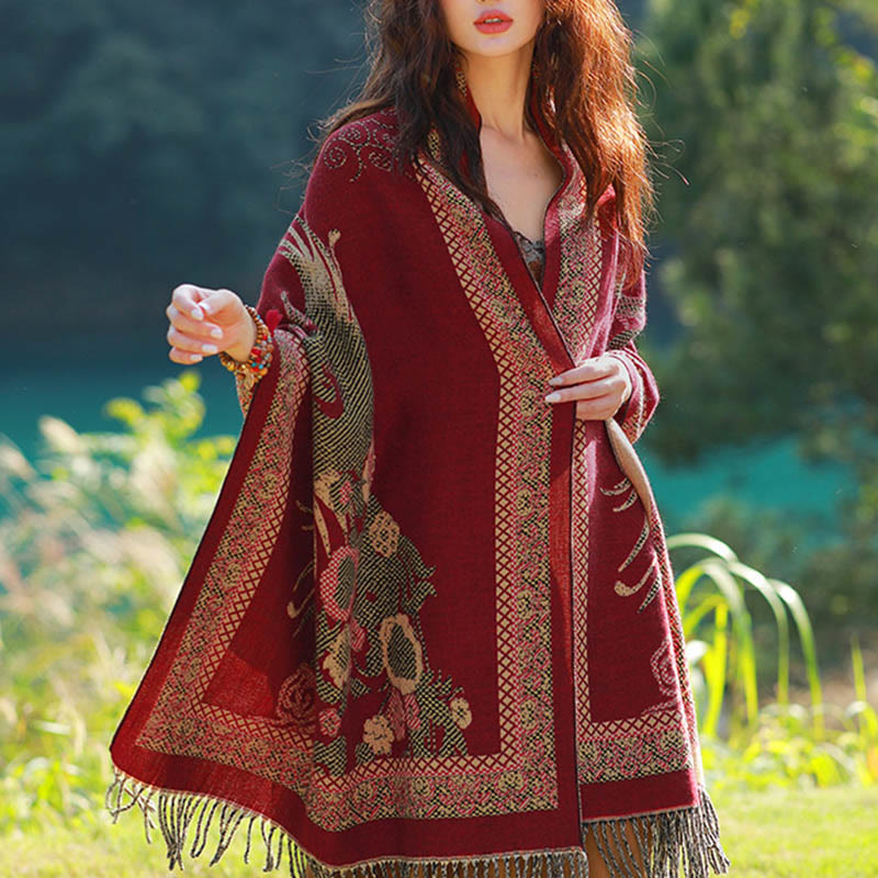 Bufanda chal térmica suave con borlas y estampado étnico de cachemira y plantas de jacquard con Buddha Stones - Pájaro floral de enredaderas de color rojo oscuro - 70-190 cm - image 46