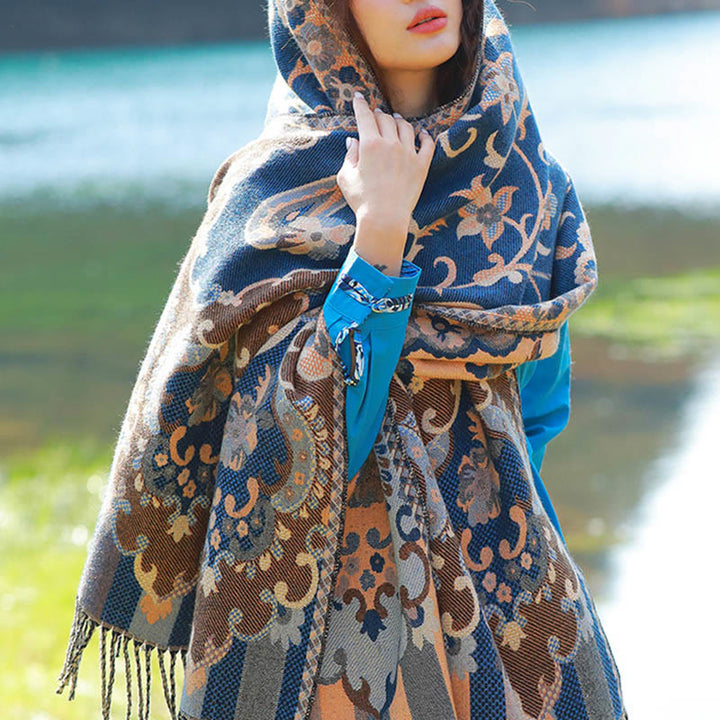 Bufanda chal térmica suave con borlas y estampado étnico de cachemira y plantas de jacquard con Buddha Stones - Vides florales de color azul acero - 70-190 cm - image 7